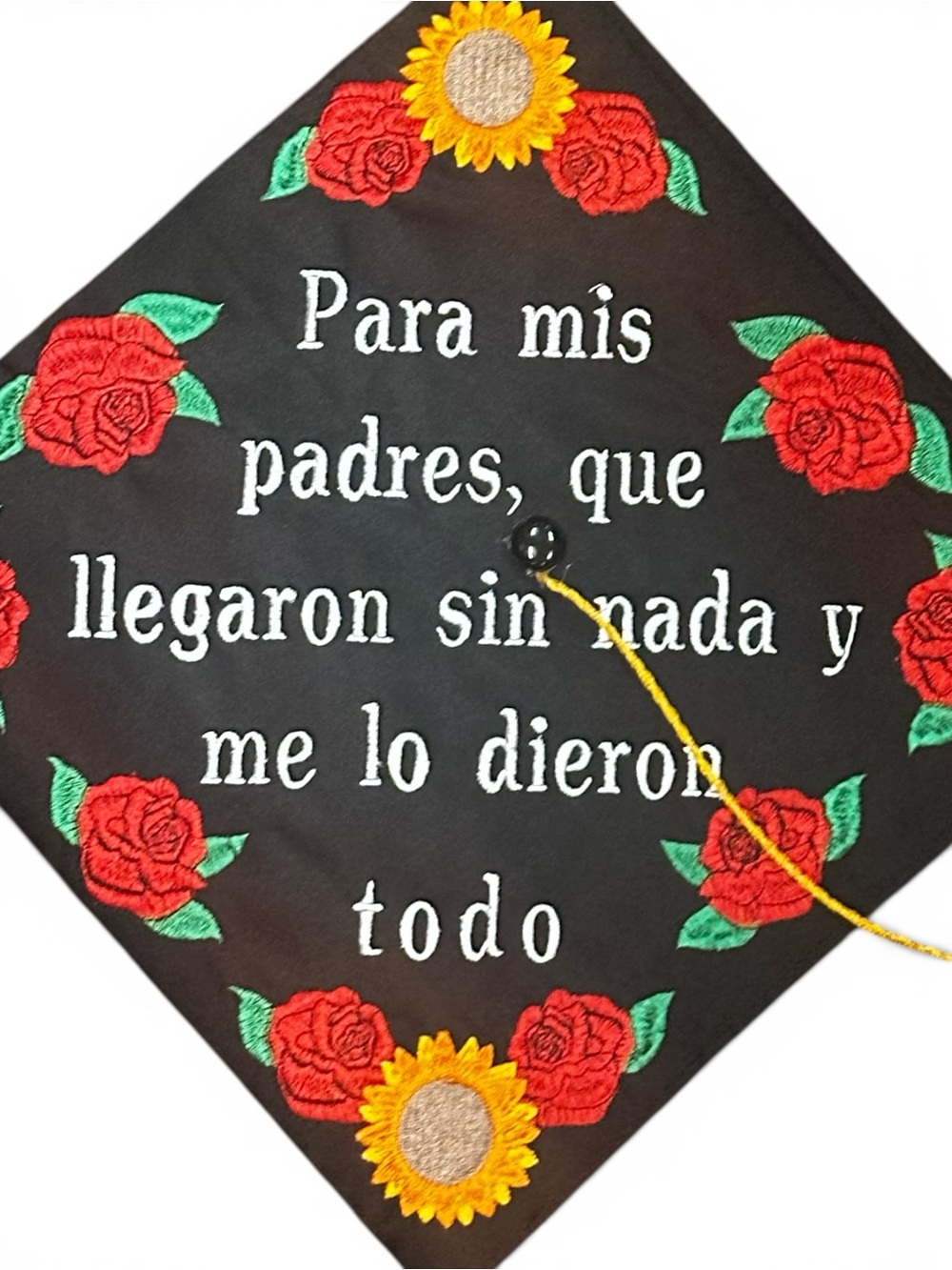 Embroidered Black Graduation Cap with Red Roses & Sunflowers - Picture 3 of 5